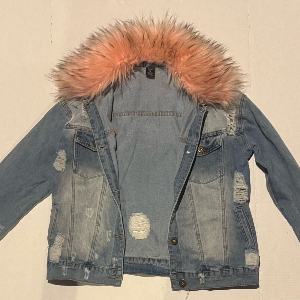 Redfox Pink Faux Fur Collar Denim Jacket